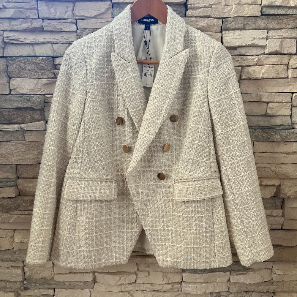 NWT Express Double Breasted Tweed Blazer Jacket Ivory White Small
